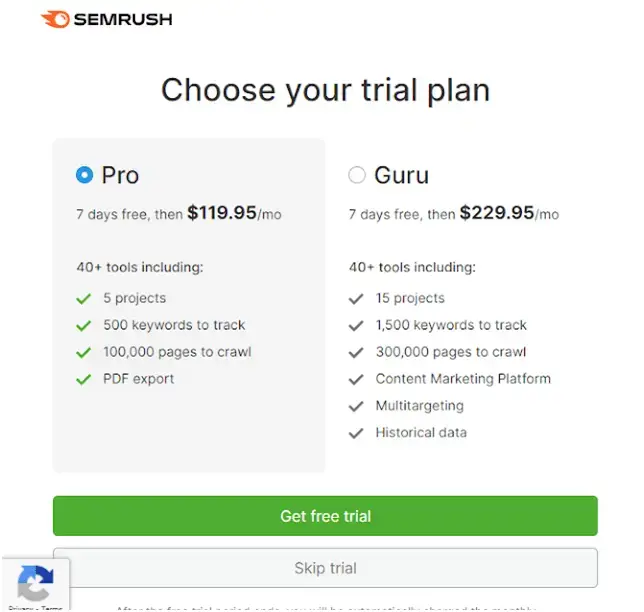 choose-your-trial-plan-on-semrush